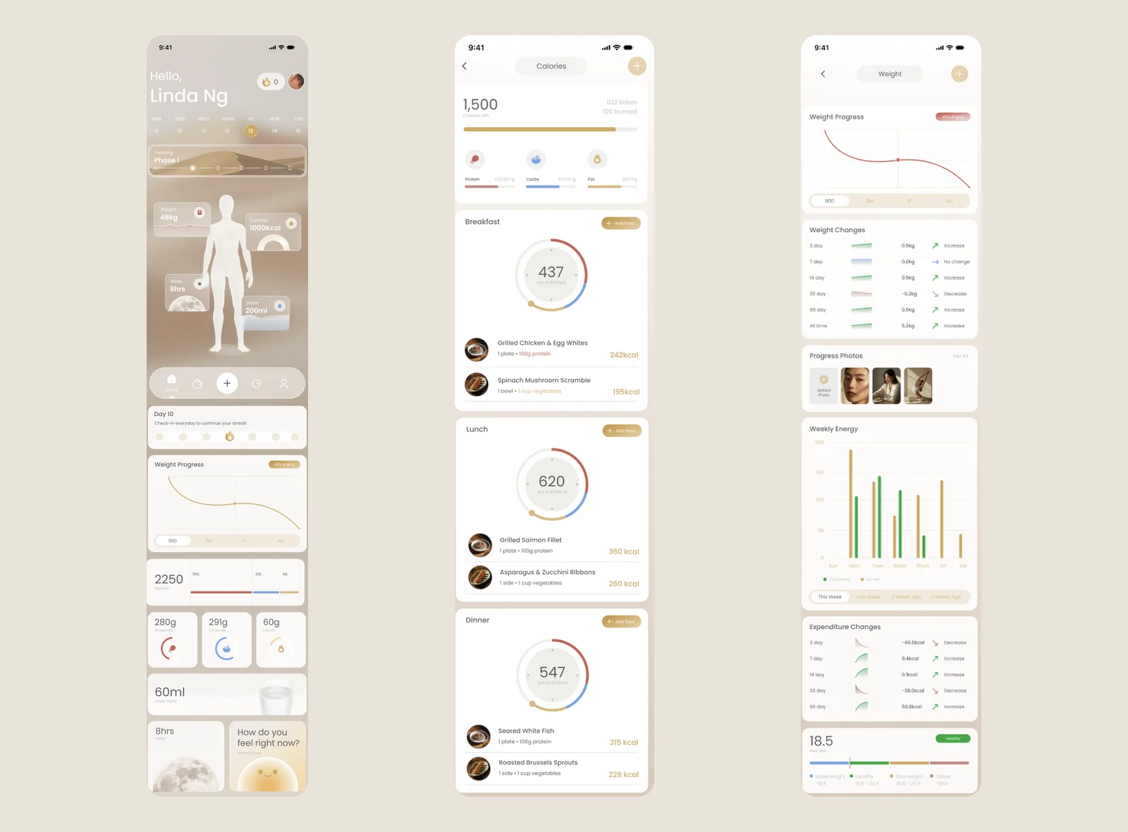 Full-length captures of the three core screens: the phase-aware home dashboard with macro rings and water, sleep and mood cards; the calorie log broken down by breakfast, lunch and dinner; and the weight view with progress chart, weight-change table, progress photos, weekly energy chart and BMI band.