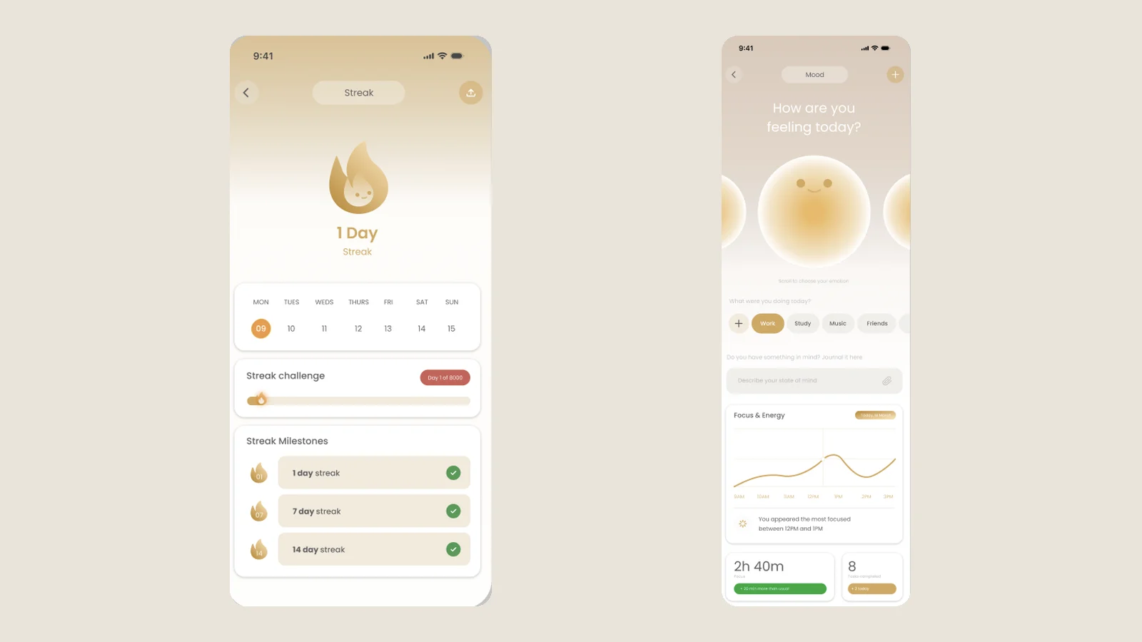 The streak screen with a weekly calendar and streak milestones, and the mood journal with an emotion picker, activity tags and a focus-and-energy chart.