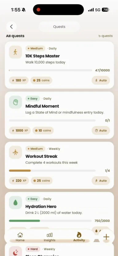 The quests screen listing daily and weekly missions — 10K steps, mindful moment, workout streak, hydration hero — each with XP and coin rewards and a progress bar.