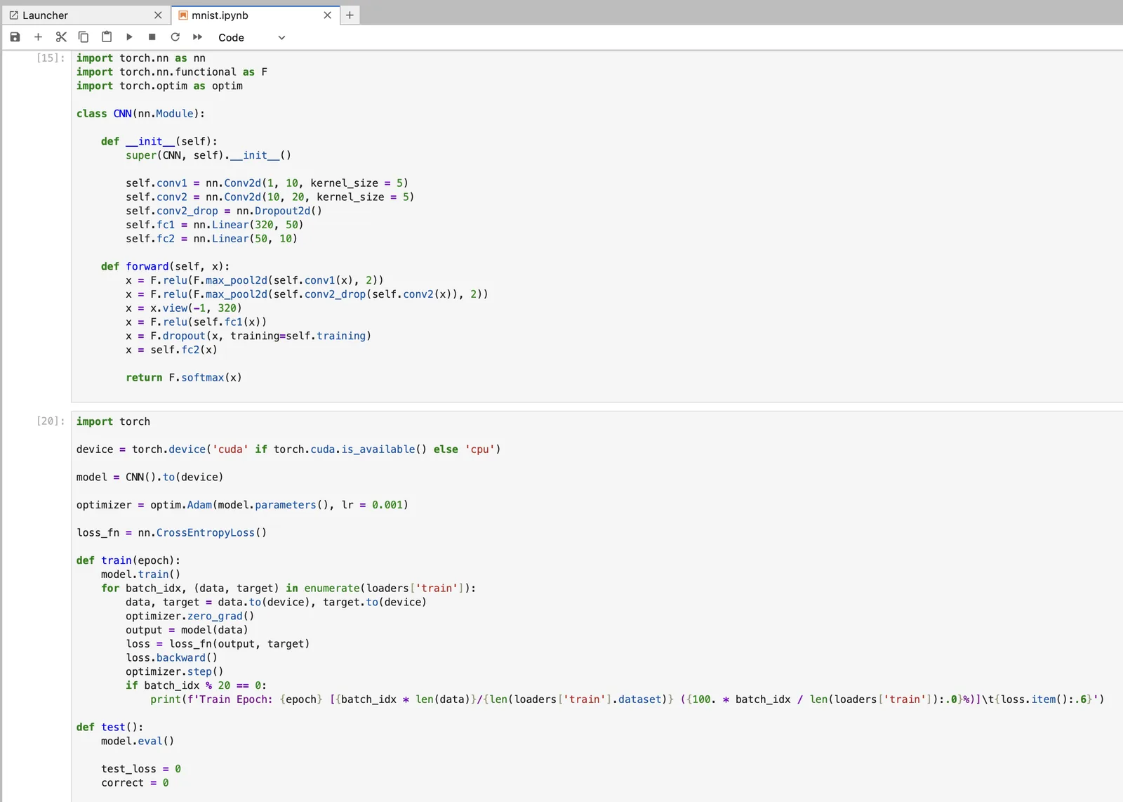 The CNN class in PyTorch: two Conv2d layers of 10 and 20 channels with 5×5 kernels, Dropout2d between them, and Linear layers of 320→50→10, followed by the Adam optimiser and the train and test loops.