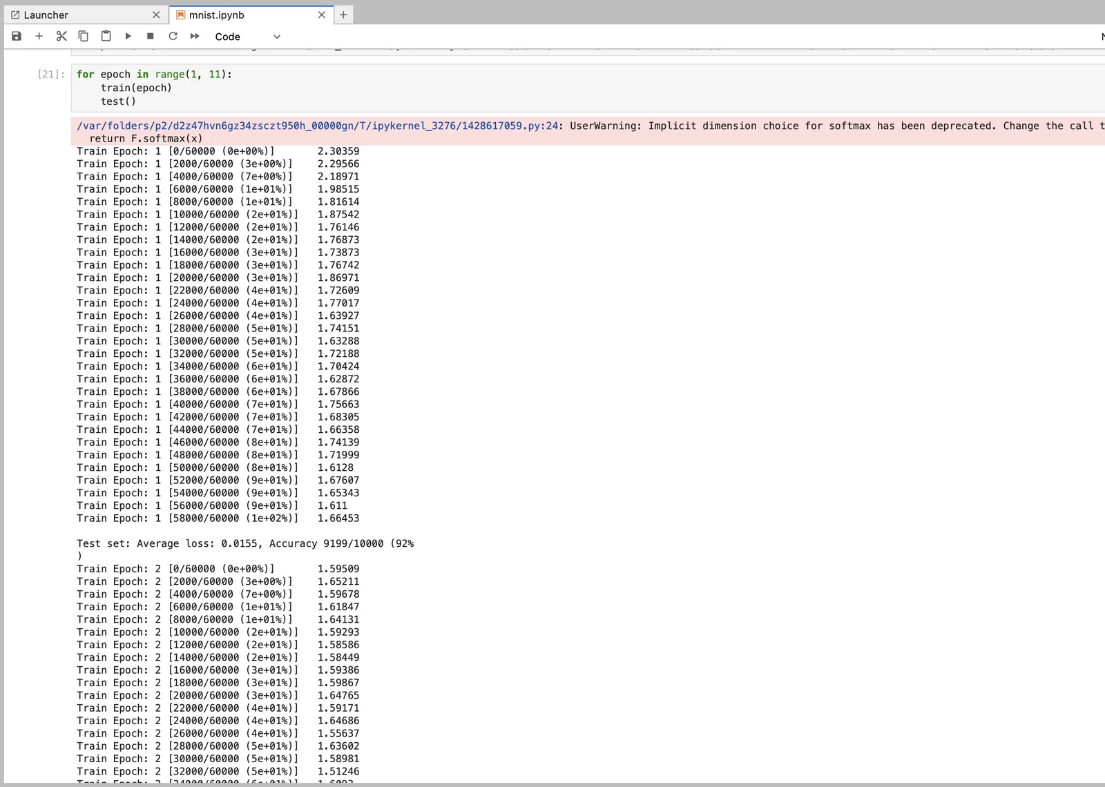 Training output for the first two epochs: loss falling from 2.30 to 1.61 across 60,000 images, then the first held-out evaluation — average loss 0.0155, accuracy 9199/10000.