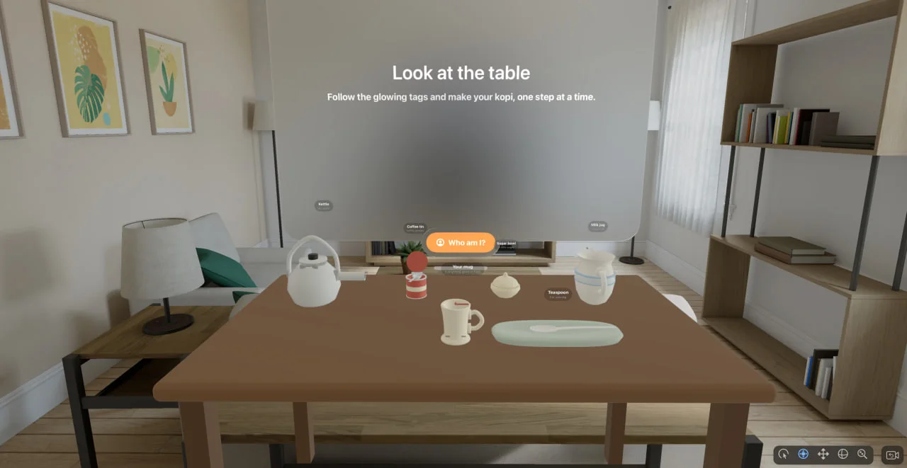 The kopi-making exercise on a real tabletop: a kettle, coffee tin, sugar, condensed milk, mug and teaspoon laid out with glowing labels, under the prompt 'Look at the table — follow the glowing tags and make your kopi, one step at a time', with the 'Who am I?' identity card one tap away.