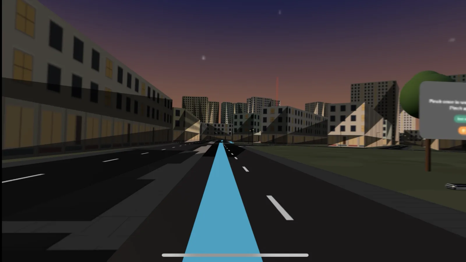 The same estate at life size in passthrough at dusk: the person stands on the road with the cyan route ribbon running ahead between the shophouses, and a panel to the right prompting them to pinch and hold to move.