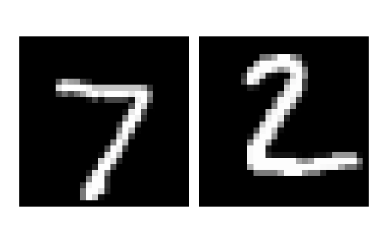 Two MNIST test digits rendered from the notebook — a 7 and a 2 — both classified correctly by the trained network.