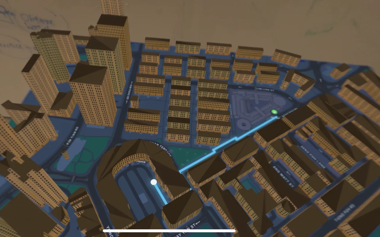 The Tiong Bahru neighbourhood meshed from OpenStreetMap as a miniature on a holographic tabletop, with the route home drawn through it as a glowing cyan line between a green start pin and a white home marker.